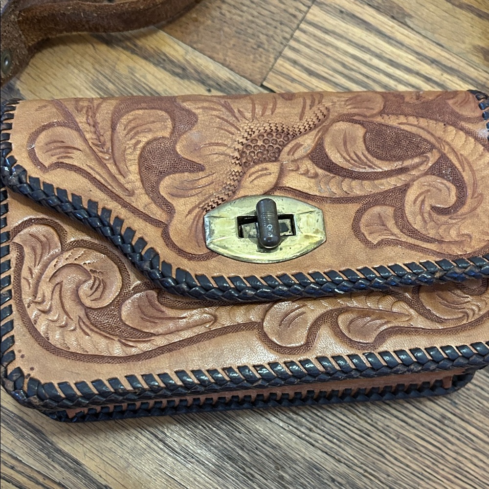 Handcrafted Leather Clutch Small Brown Floral Detail Adjustable Strap - Picture 2 of 9